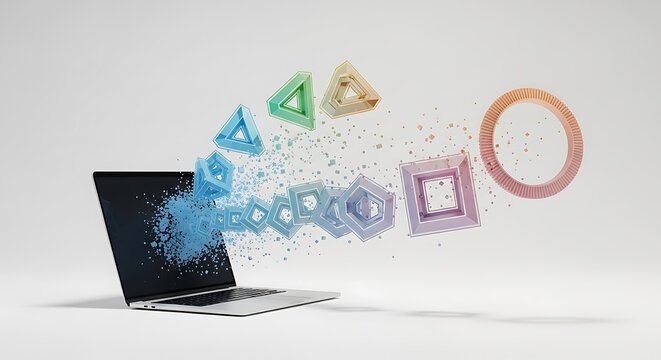 Laptop emitting colorful geometric shapes isolated on white background - Powered by Adobe