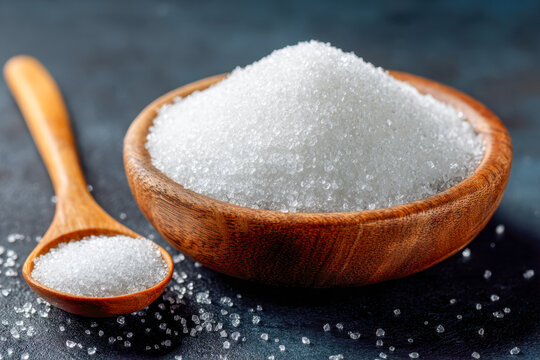 Granulated white sugar in a rustic wooden bowl with a matching wooden spoon on a dark surface with scattered sugar crystals around them