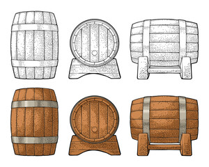 Wooden barrel front and side view. Color and black vintage engraving vector illustration. Isolated on white background