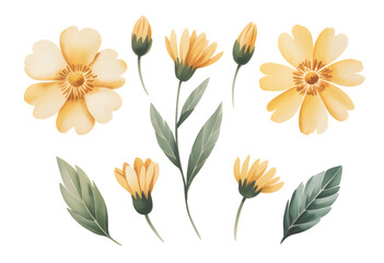 Hand painted yellow watercolor flower collection isolated.