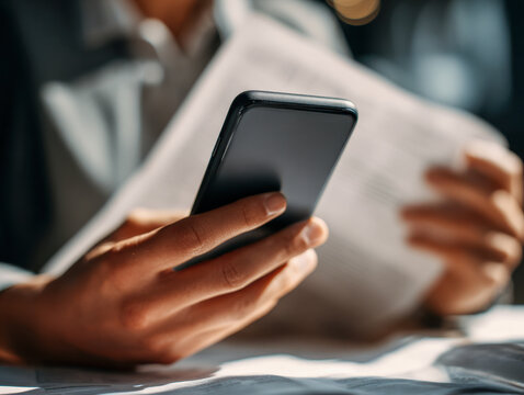 Person holding smartphone and reading document with focused hands in a dimly lit indoor environment conveying multitasking and information processing