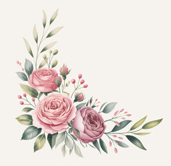 Fototapeta premium Watercolor pink rose cluster with foliage accents.