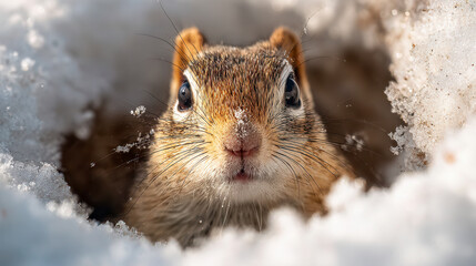 Curious small ground squirrel peeking out of a snowy burrow with glistening ice crystals on its whiskers on a bright winter day