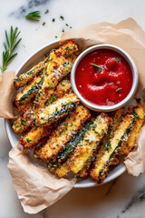 Overhead view of fictional crunchy and golden Parmesan Garlic Zucchini Fries on a plate with marinara dipping. Concept of healthy vegetarian and tasty side dishes and appetizers for menus, restaurants