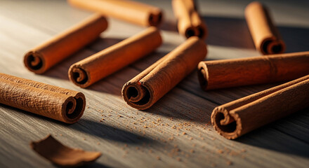 cinnamon sticks on wooden table