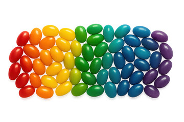 Colorful jelly beans forming a rainbow gradient in an organized pattern, showing sweet candy array on transparent background