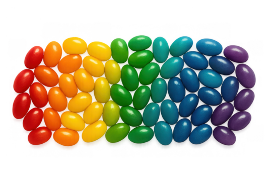 Colorful jelly beans forming a rainbow gradient in an organized pattern, showing sweet candy array on transparent background