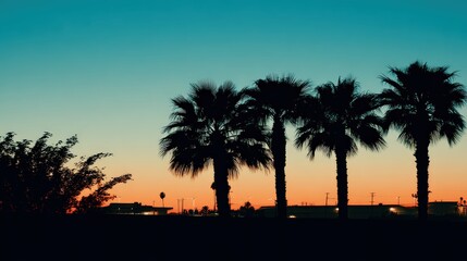Obraz premium Silhouettes of tropical palm trees stand against a dramatic twilight sky over a low horizon