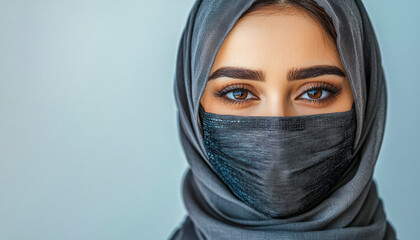 Close-up of a woman with striking eyes wearing a face mask and hijab