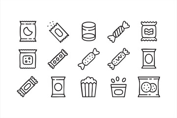 Snack packaging and candy wrapper vector icons in clean outline style