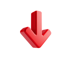 Red 3 D downward arrow icon isolated on a transparent background