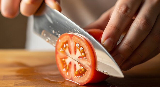 slicing tomato on a chopping board