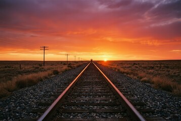 Obraz premium Railroad Tracks at Fiery Sunset
