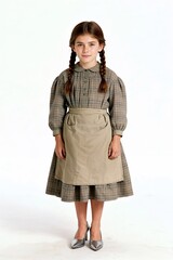 Ten-year-old Dorothy in a serene mood wearing a simple farm dress and silver shoes representing The Wonderful Wizard of Oz against a white background