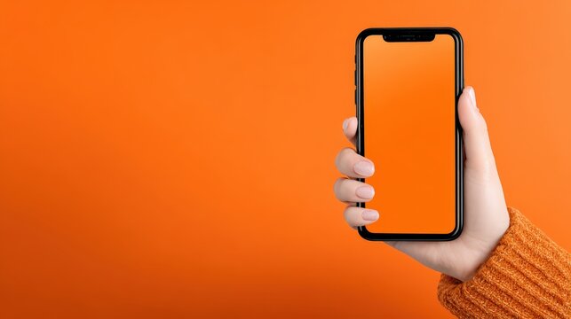 Person holding modern smartphone with bright orange screen against vibrant solid background