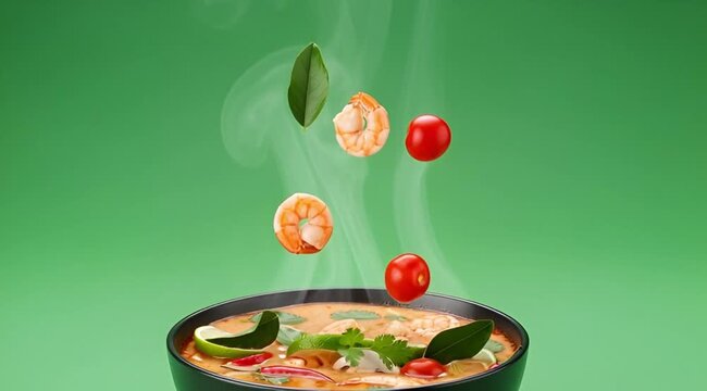 Green Curry with half slices falling on green screen 