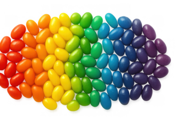 Jelly beans forming rainbow color gradient array, colorful sweet candy assortment, bright vibrant sugar treats on transparent background