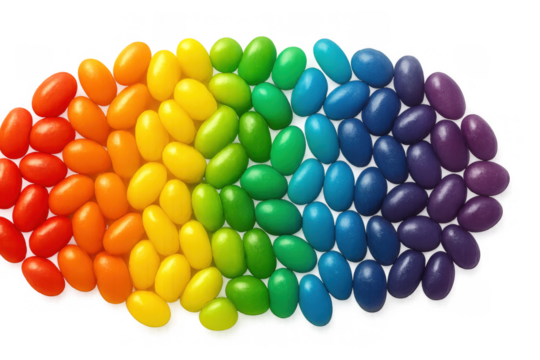 Jelly beans forming rainbow color gradient array, colorful sweet candy assortment, bright vibrant sugar treats on transparent background