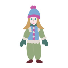 Girl in winter clothes, mittens, knitted hat flat design illustration design element object isolation for web, for print
