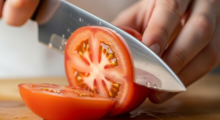slicing tomato on a chopping board