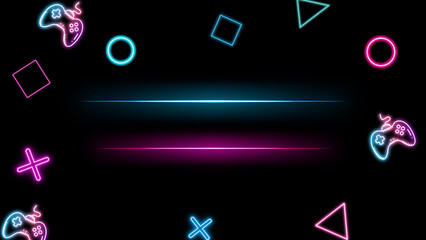 Neon gaming background for you tube channel design with glowing controllers and cyberpunk frame on black background with copy space. Abstract esports background