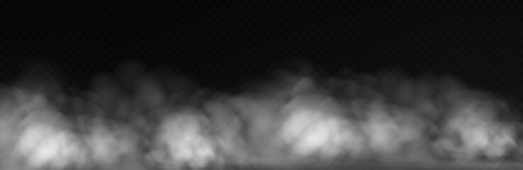 Fototapeta na wymiar White smoke cloud with overlay effect on dark background, realistic fog drifting along the floor with atmospheric light.