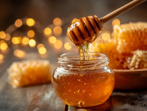 Golden natural honey drizzling from wooden dipper into glass jar with honeycomb pieces softly illuminated by warm bokeh lights on rustic surface - Powered by Adobe