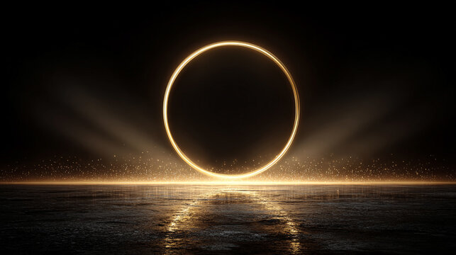 A glowing gold circle with luminous light trails and fire-like streaks, forming a dynamic, radiant round line effect with subtle green dust accents on a dark background.