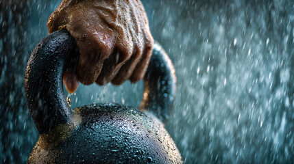 Man gripping a wet kettlebell with droplets flying around during intense workout in heavy rain, illustrating strength and determination in challenging conditions