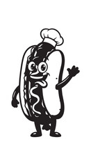 Whimsical cartoon hot dog mascot wearing a chef hat and waving.