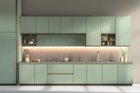 A modern kitchen with light green cabinets and a textured backsplash illuminated by warm lighting - Powered by Adobe