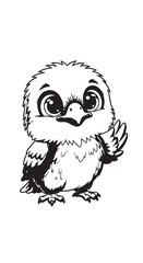 Obraz premium Adorable fluffy cartoon chick with big eyes in black and white line art.