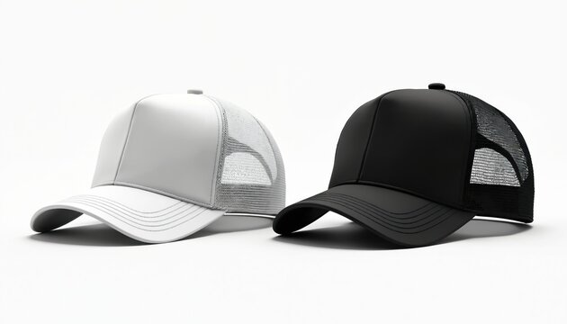 Two trucker caps in black and white colors. Headwear mockup template on white background. Blank mesh hats for brand design or print. Unisex casual apparel for sun protection.