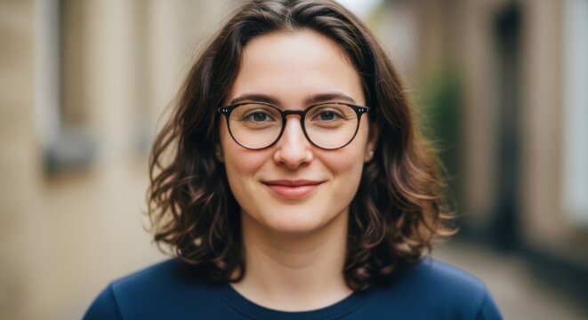 Close-up portrait of a young woman with curly hair and glasses