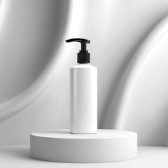 A sleek, minimalistic product display featuring a white pump bottle. 