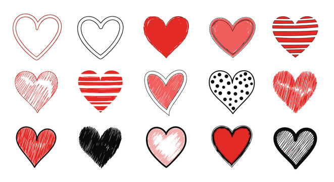 This charming collection of artistic heart illustrations, showcasing various styles in red, pink, and black, beautifully conveys love and romantic sentiment.
