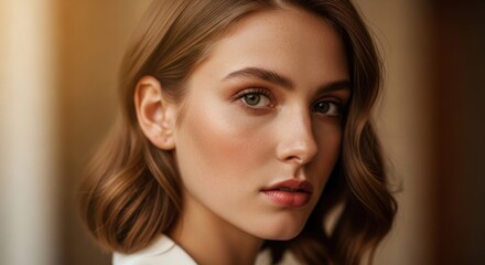 Naklejka premium Close-up portrait of a young woman with flawless skin and soft