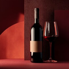A dark glass bottle of red wine standing upright on a deep red surface. 