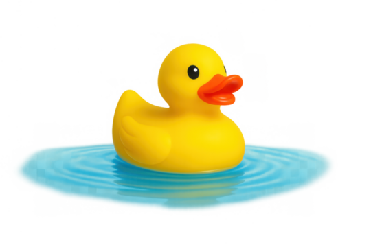 Yellow rubber duck floating on water, creating ripples, symbolizing childhood bath fun on transparent background