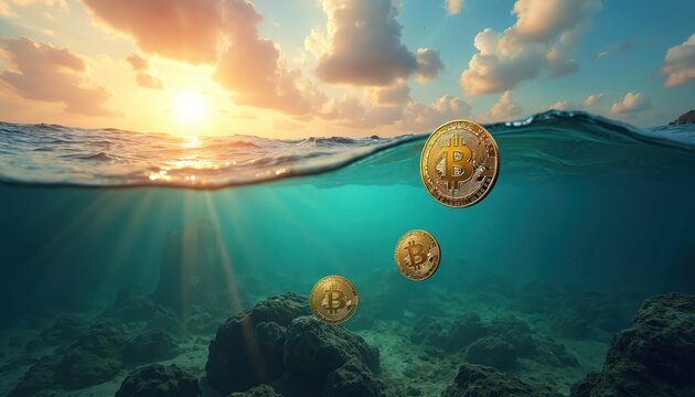 Golden bitcoin coins float underwater near seabed rocks during sunset. Sun rays pierce clear turquoise ocean water. Digital currency concept.