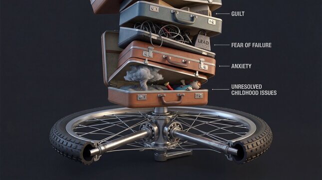 Precarious Stack of Emotional Baggage on a Unicycle Wheel Symbolizing Mental Burden, Guilt, Anxiety, and Unresolved Past Issues