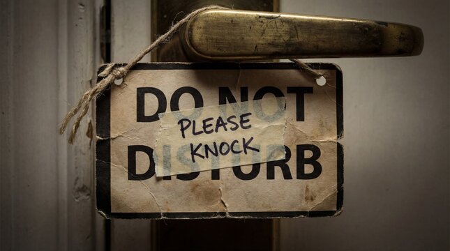 Grungy "Do Not Disturb" sign with "Please Knock" taped over it, hanging by twine from a vintage brass door handle, emphasizing privacy.