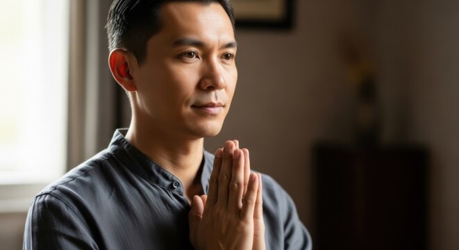 Contemplative young man in meditation pose seeking inner peace and mindfulness - Powered by Adobe