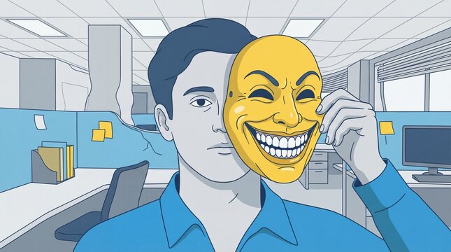 Concealing Sadness: Man in Broken Office Cubicle Holds Up a Smiling Yellow Mask to Fake Happiness at Work