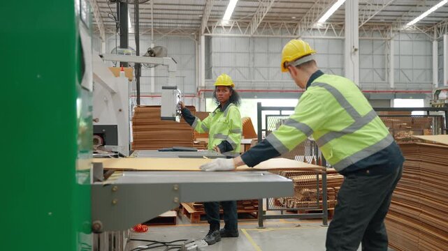 Two factory workers operate machinery in a packaging production facility, processing cardboard sheets and coordinating industrial workflow.