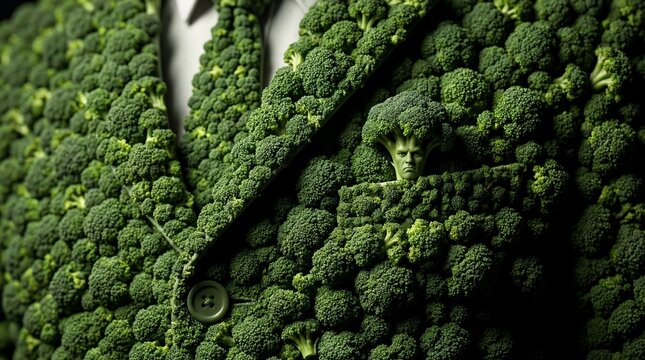 Surreal close-up of a distinguished gentleman wearing a unique suit entirely crafted from vibrant green broccoli florets, with a serious face peeking out.