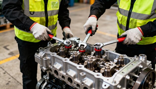 Closeup of workers assembling and securing components on a diesel generator for hospital emergency power backup.