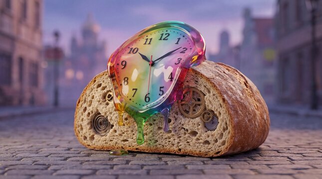 Surreal melting rainbow clock with intricate gears embedded in a rustic bread loaf, set against a blurred mystical urban backdrop.