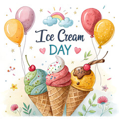 Ice Cream Day Celebration With Colorful Scoops and Cones, Summer Ice Cream Treats in Vibrant Pastel Colors, Delicious Ice Cream Dessert Set for Sweet Holiday Theme, Creative Ice Cream Day Artwork With