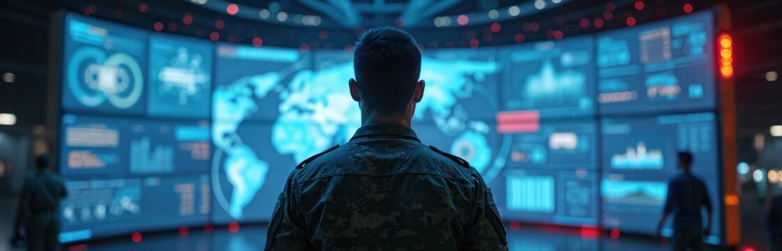 Military officer studies world map data on large screen monitors. Person in camouflage uniform analyzes complex digital charts, graphs in command center. Futuristic tactical operations room with